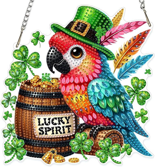 GHHKUD Macaw Diamond Art Hanging Kit for Adults, DIY Double Sided Diamond Painting Hanging St.Patrick's Day, Special Shaped Acrylic Ornaments Pendants for Window Home Garden Wall