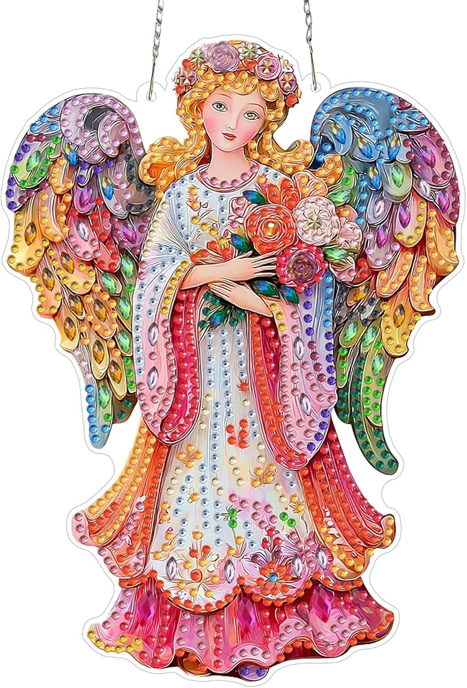 MXJSUA Pink Floral Angel Diamond Art Hanging Kits for Adults Beginners, Acrylic 5D Special Shaped Crystal Diamond Gem Art Painting Hanging Ornament for Home Wall Decor and Gift