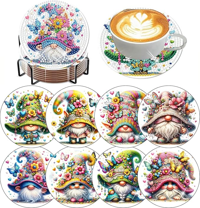 igoodom 8 Pcs Gnome Diamond Art Coasters Kit with Holder, DIY Gnome Diamond Painting Coasters for Beginners Adults, Non Slip Diamond Art Kits Craft Supplies 4x4inch