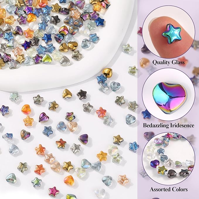 200PCS 8MM Glass Star Beads Bedazzling Irisedent Glass Beads,Crystal Star Heart Beads,Eletroplated Mixed Colors Cute Bead for Necklace Bracelet Earring Jewelry Making, Spacer Bead for Crafting & DIY
