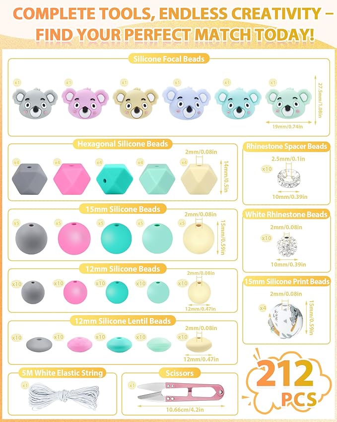 FIVEIZERO 212PCS Silicone Focal Beads for Keychain Making, Animal Koala, Round, Lentil, Hexagon, Printed, Rhinestone, Sliver Spacer Beads for Pens, Bracelets & Crafts with Elastic Cord & Scissors