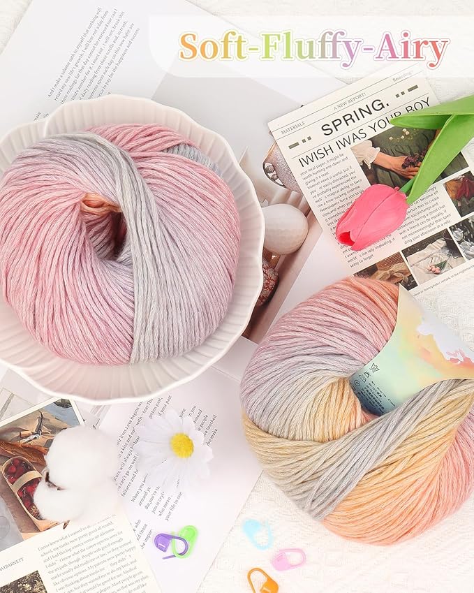 Coopay Yarn for Crocheting Knitting, Gradient Cake Yarns, 2 × 3.53oz - 240yds - 50% Cotton 50% Acrylic Ombre Yarns, Crochet Yarn for Blankets, Shawls, Scarves (105 Colorful Dream)