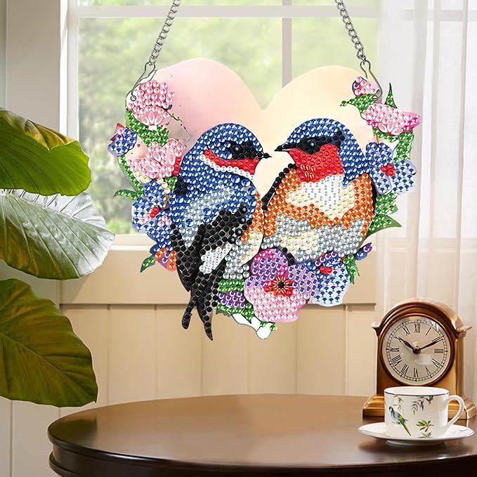 Diamond Art Painting Hanging Kit for Adults, Heart-Shaped Romantic Love Birds DIY Diamond Painting Acrylic Ornament, Diamond Art Pendant Window Suncatcher Wall Door Home Decor