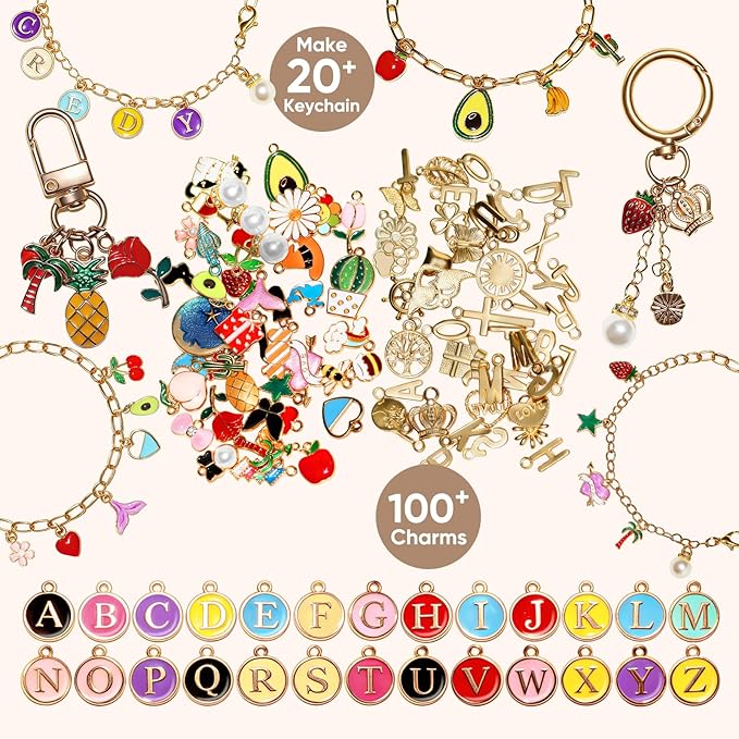 WDXIUE Keychain Making Kit, Charms Lip Gloss Key Chain Bracelet Design Set, Cute & Friendship Jewelry Making Kit, DIY Make 24 Set Keychain for Beginners