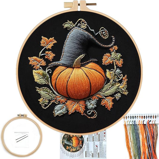 FONNUY Pumpkin Embroidery Kit for Beginners, Pre-Stamped Pattern Kits for Adults with Hoop, Easy to Follow Color Thread Needlework, 8'' Hoop (Witch Hat 3)