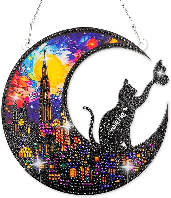 Diamond Art Hanging Kit for Adult, Diamond Painting Ornament Hanging Kit, Special Shaped Rhinestone,DIY Acrylic 5D Art Window Pendants Home Garden Wall Kits,Double Sided (Cat)