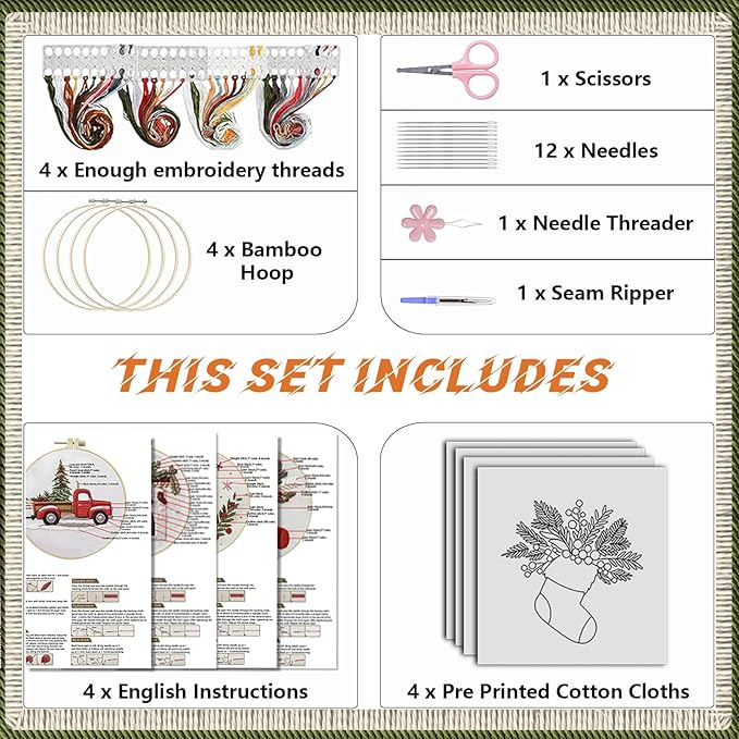 wkalxj 4 sets embroidery kits for beginners adults, cross stitch kits, needlepoint kits with instruction, video, needle point kits with candy fireplace stocking truck patterns (4 sets b)
