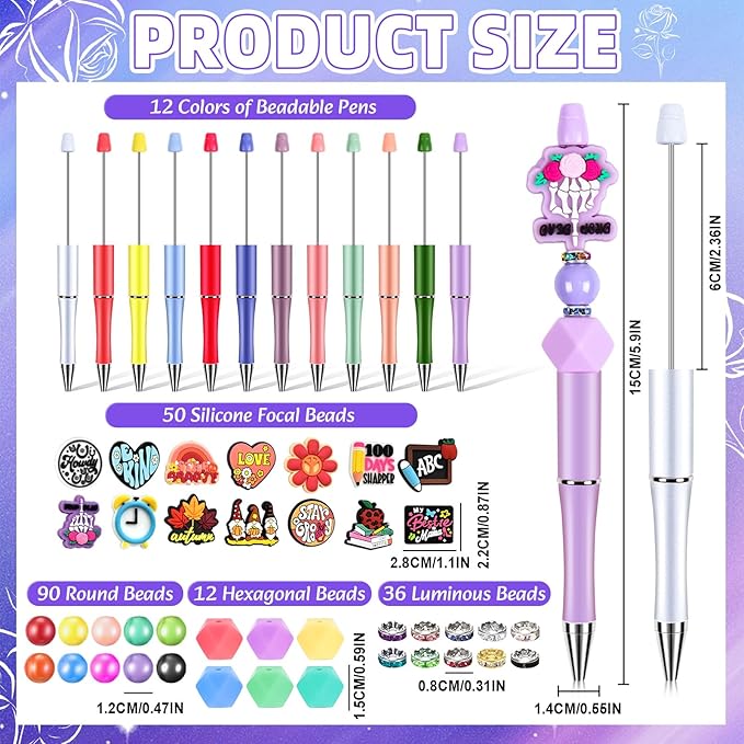 Kanmeii 200 Pcs Silicone Focal Beads for Pen Making Kit-12 Beadable Pens 188 Focal Beads Set for Keychains Lanyards Bracelets Jewelry DIY(Mixed Style)