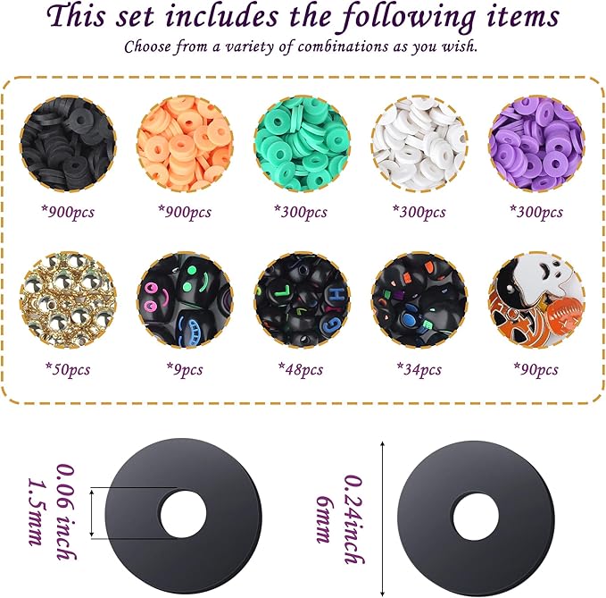 Halloween Beads for Friendship Bracelet Kit, 2000+ Pcs Halloween Clay Beads and Black Letter Bracelet Making Kit Suitable for Ages 14 and Above