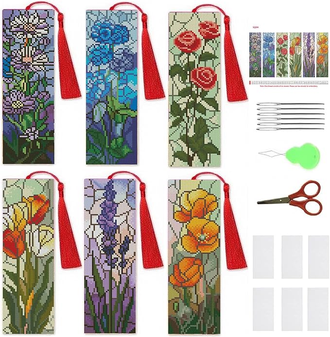 NEGEKFKX 6 Pcs Cross Stitch Bookmark Kit for Adult Beginners,Broken Glass Flowers Cross Stitch Kits 14 CT DIY Cross Stitch Kits Adult Stamped Bookmark Embroidery Bookmarks Kit