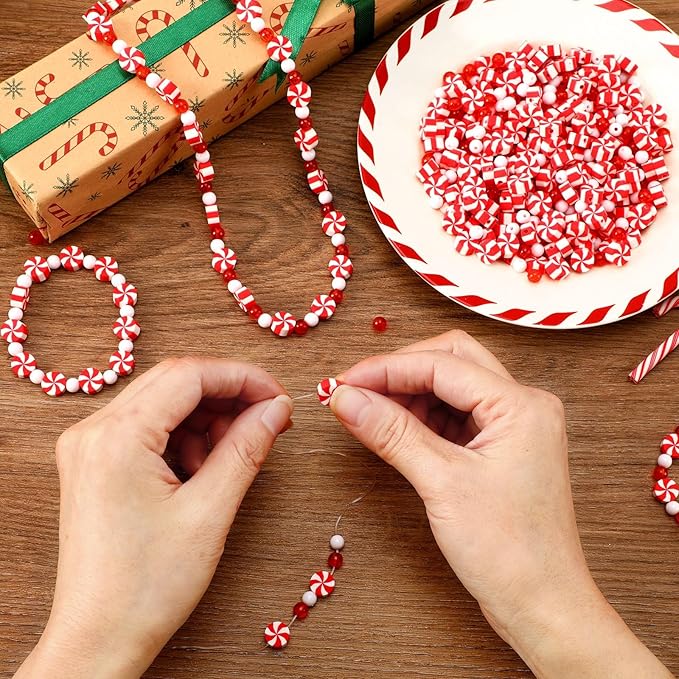 UPINS 1500Pcs Christmas Red and White Beads for Jewelry Making Xmas Candy Polymer Clay Beads for Holiday Necklace Bracelet Earring Craft and Christmas Tree Ornaments