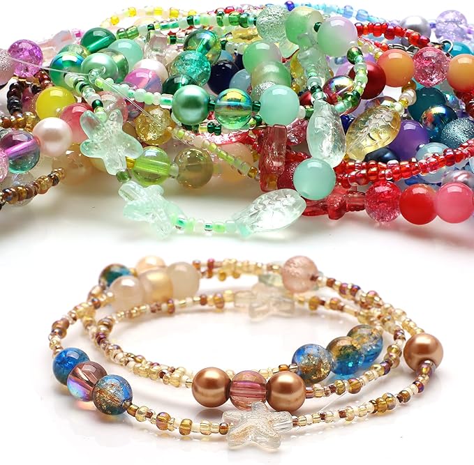 Rired 27 760pcs Mixed Glass Beads for Jewelry Making, 8MM Brown Assorted Round Beads, Bracelet Making Kit Including Ocean Starfish Crystal Beads and Seed Beads