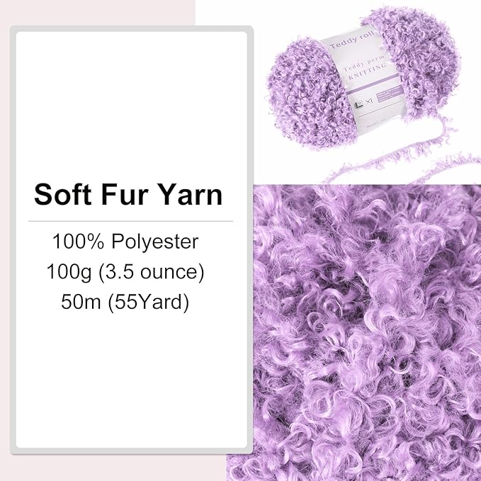 MECCANIXITY 1 Skeins Eyelash Yarn Fur Soft Fluffy Chunky Polyester Yarn Fuzzy Light Purple for Crocheting Knit DIY Clothes Bag - 55Yard/50m, 3.53oz