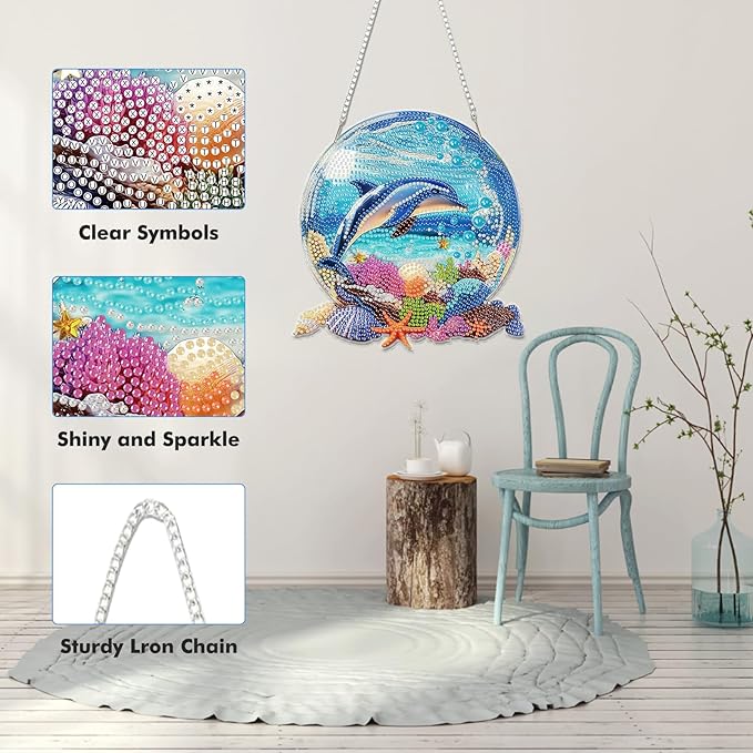 Miwixy Dolphin Hanging Diamond Art Kits for Adults,Beach Special Shaped Crystal Christmas Diamond Painting Ornament Kit DIY Double-Sided Pattern Window Pendant Gem Art Kit for Home Wall Decor