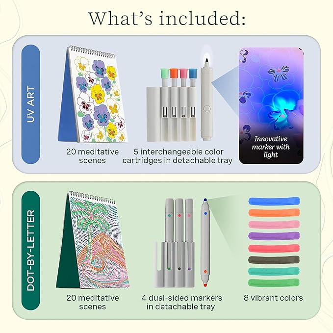Lifelines FlowArt Activity Pads, 4-Pack - Guided Art Meditations with 4 Sets of Markers & 80 Scenes - Color by Letter, Dot-Pop and More, Coloring Books for Tweens, Adults & Seniors