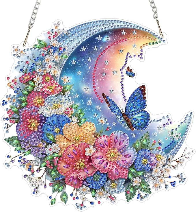Lxmsja DIY Colorful Moon Diamond Painting Hanging Ornament, Double-Sided Acrylic Butterfly Diamond Art Kit, Special Shaped Suncatcher Hanging Pendant Window Art Kit