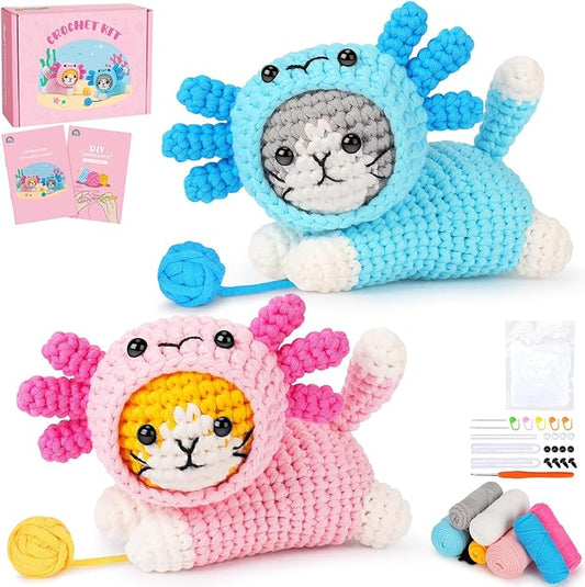 Crochet Kit for Beginners, Crochet Starter Kits for Adults Kids, Cat Dress in Axolotl Crochet Kit, Complete Crochet Animal Kit with Step-by-Step Video Tutorials, Gifts for Crocheting Lovers