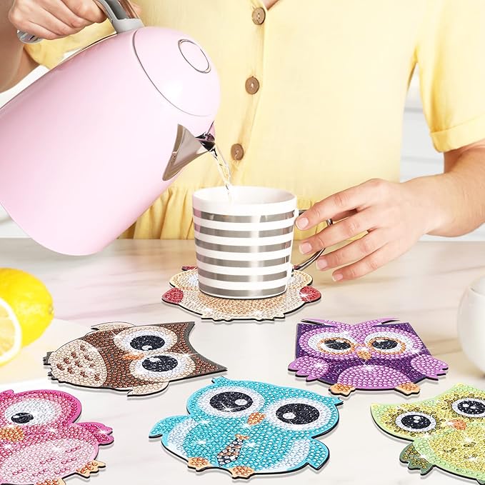 YLOLUL 10 Pcs Owl Shaped Diamond Painting Coasters Kits DIY Owl Diamond Painting Coasters with Holder Owl Diamond Painting Coasters for Beginners Adults and Kids Art Craft Supplies Gift (Owl)