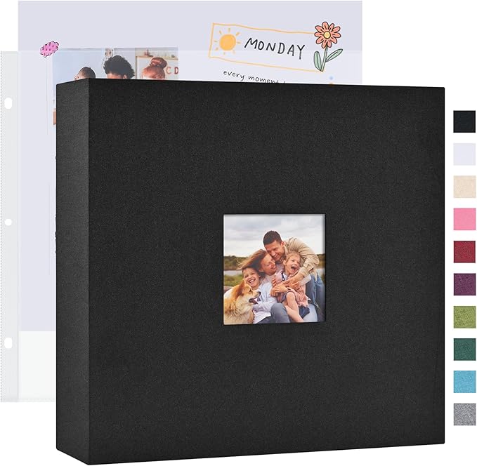 Mublalbum 12x12 Inch DIY Scrapbook Photo Album with 40 Plastic Sleeves 80 Pages Linen Cover 3 Ring Folder Binder for Wedding Baby Family and DIY Projects (Black)
