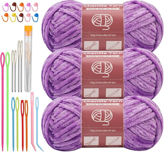 LUNARM 3 * 100g Chenille Yarn, Yarn for Crocheting Knitting with Big Eye Needles, Handcrafts Weaving Soft Chenille Yarn for Making Blankets, Clothes, Pattern Knitting Creations (Light Purple)