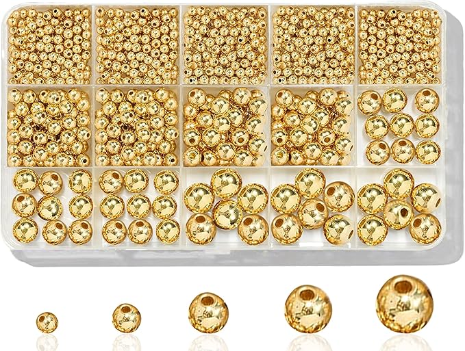 Laopottbeads 1225 Pcs Gold Beads with Oxidation-Resistant Finish, 4/6/8/10/12mm Round Beads DIY Kit for Bracelets, Earrings, Necklaces & Anklets