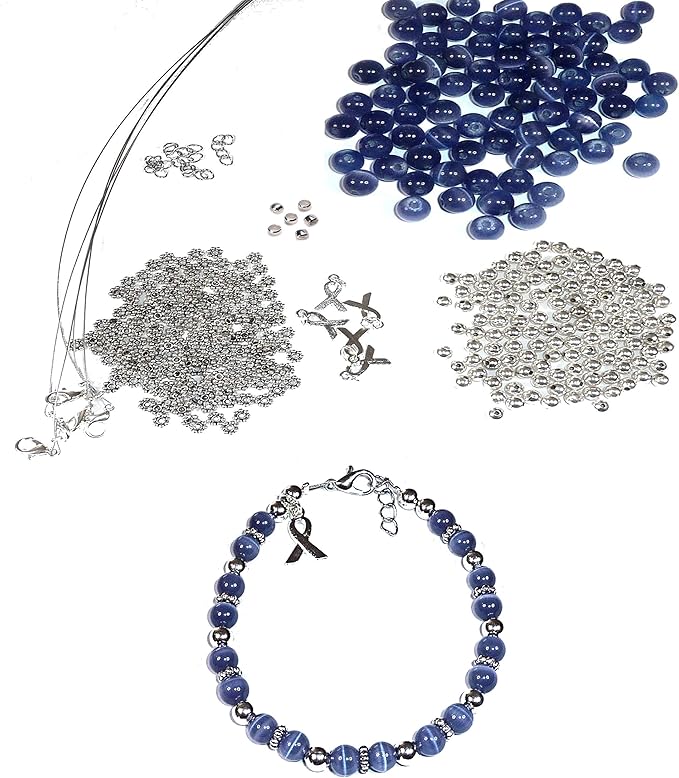 Hidden Hollow Beads DIY Craft Beading Kit, Everything to Make Cancer Awareness Bracelets, Uses Wire, Crimps and Clasps, Fundraising and Gifts (Stomach Cancer - Periwinkle - Makes 5)