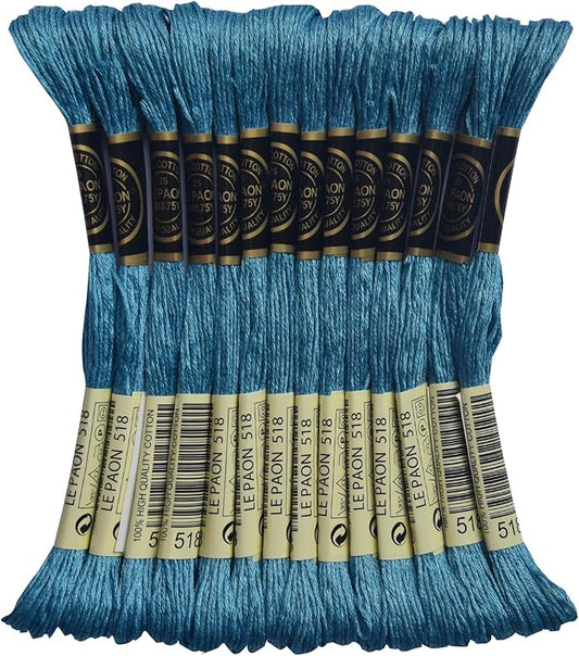LE PAON Embroidery Floss, 14-Pack Six Strands 100% Long Staple Cotton Embroidery Thread, 8.7-Yard，Color Number：518,Light Wedgewood