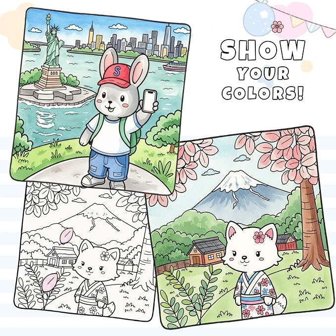 Cozy Coloring Book for Adults and Kids – Featuring Fuzzy’s Cute Animal Travel Adventures for Adult Stress Relief, Bold and Easy, Simple Designs for Teen Relaxation, Spiral Bound Design