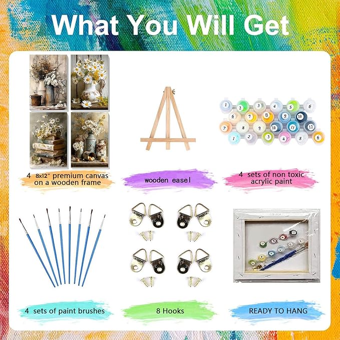 4 Pack Paint by Numbers for Adults with Framed Canvas - with Wooden Easel, Vintage Flower Paint by Number, Daisy Rustic Flowers Acrylic Oil Painting on Canvas with Brush for Home Wall Decor 8x12 inch