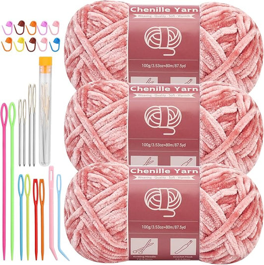 LUNARM Chenille Yarn for Crocheting Knitting, 3 Skein 263 Yard Thick Soft Chunky Fluffy Weaving Plush Yarn for Blankets Clothes Pattern Creations with Big Eye Needles (Peach Pink)