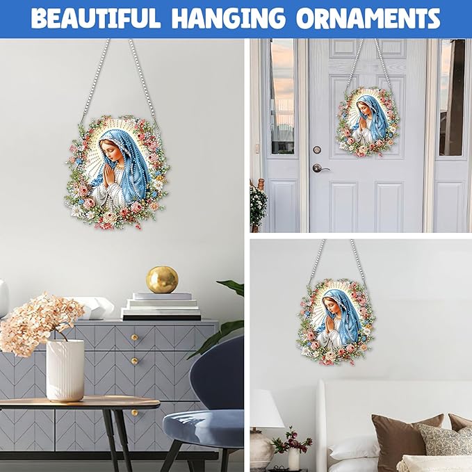 NAIMOER Diamond Art Hanging Kits for Adults Religious Virgin Mary 5D Special Shaped Rhinestone, DIY Acrylic Diamond Art Painting Window Pendants Home Garden Wall Hanging Ornament Kits, Double Sided