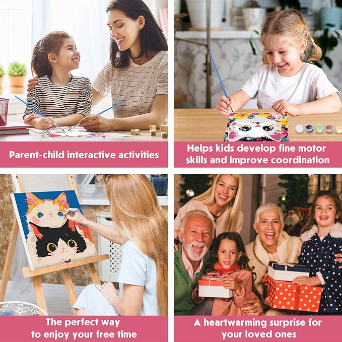 NEWENMO 4 Pack Paint by Numbers Kit for Kids Beginner with Wooden Frame, Cute Kawaii Sweet Cartoon Cat, Paint by Numbers Kit for Adults, Adorable Kitten, DIY Painting Kits for Home Wall Decor 8x8inch