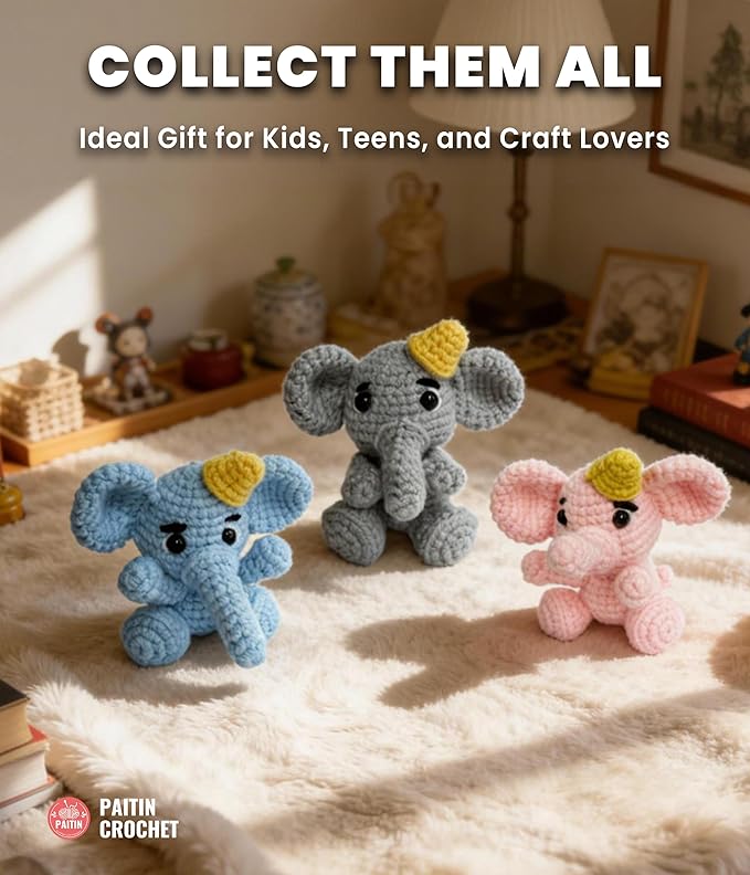 PAITIN Crochet Kit for Beginners – DIY Elephant Crochet Craft Project, Easy Handmade Yarn Art Kit for Adults with Step-by-Step Video Tutorial