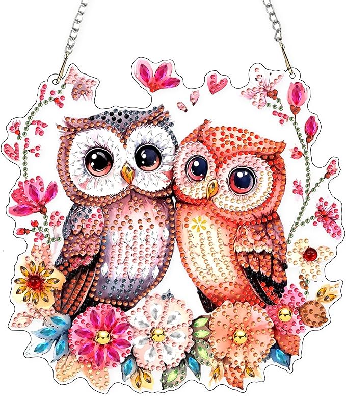 Lxmsja DIY Two Owls Diamond Painting Hanging Ornament, Double-Sided Acrylic Flowers Tree Branch Diamond Art Kit, Special Shaped Suncatcher Hanging Pendant Window Art Kit 8x8 inch