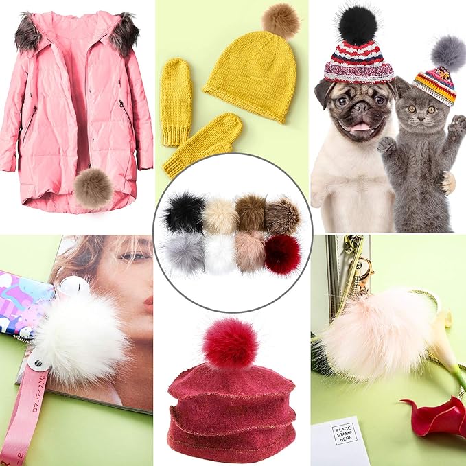 boao 8 pcs faux fur pompoms for hats with removable press button faux fur fluffy pompom balls knit hats clothing accessories for bobble hat knitting shoes scarves bag(8 color)