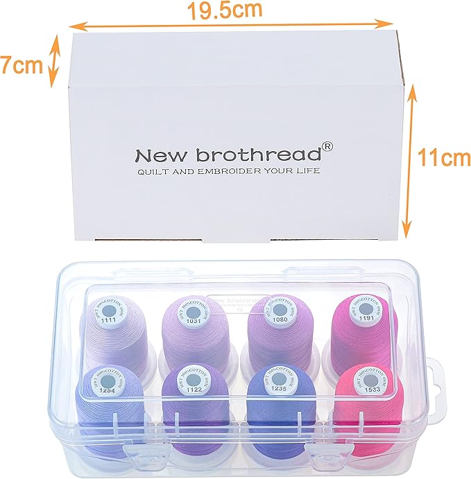 New brothread - 18 Options - Multi-Purpose 100% Mercerized Cotton Thread 50S/3 600M Each Spool for Quilting, Serger, Sewing and Embroidery - 8xCandy(Different Purple) with Clear Plastic Storage Box