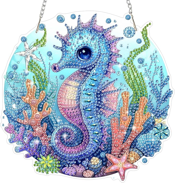 MEIYUDA Seahorse Diamond Art Hanging Kits for Adult, Shell Starfish Seahorse Diamond Painting Hanging Kits Ornaments, DIY Special Shaped Rhinestone Window Pendants Kit for Home Garden Wall Decor Gift