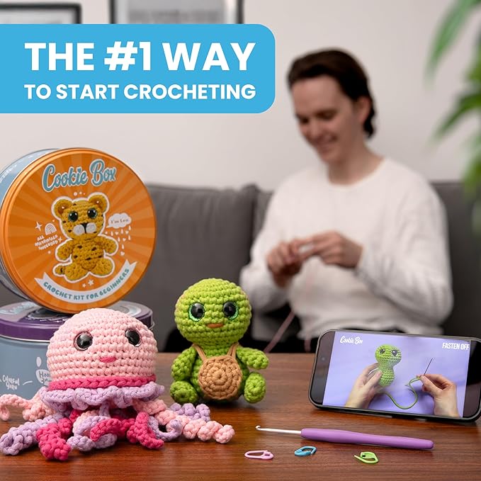 Cookie Box Original Crochet Kit for Beginners – Gift Set to Make Leopard Leo Amigurumi Plushie – Easy DIY Crochet & Knitting Starter Kit with Video and PDF Tutorials