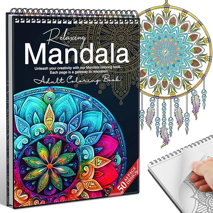 Mandala Coloring Book for Adults Women Relaxation, Adult Coloring Book for Women Relaxation with 50 Patterns, Hardback Covers Thick Paper Spiral Bound Hand-Drawn Design Gift for Stress Relief