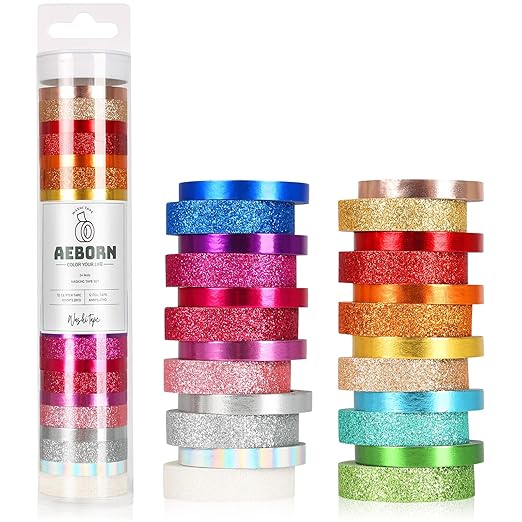 AEBORN Metallic Glitter Washi Tape - 24 Rolls Thin Colored Masking Tape Set, 6mm/10mm Decorative Tapes for Bullet Journal, Scrapbook, Christmas DIY Crafts, Gift Packaging