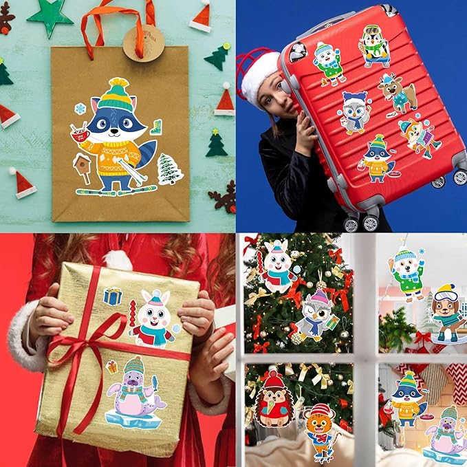 24 sheets winter stickers for kids toddlers, make-a-face sticker, make your own stickers with 12 designs of animal owl penguin snowman bear sticker for winter party decorations supplies