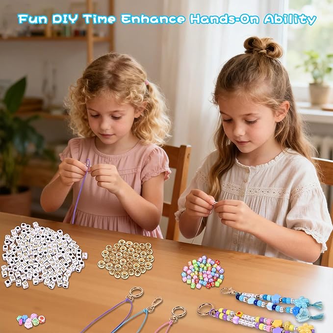 Grnheat 495 Pcs Bead Keychain Making Kit - Acrylic Letter Beads with Heart Star Flower Charms - Personalized Name Jewelry Set for Backpack Bag Charm Bracelet Crafts Supplies