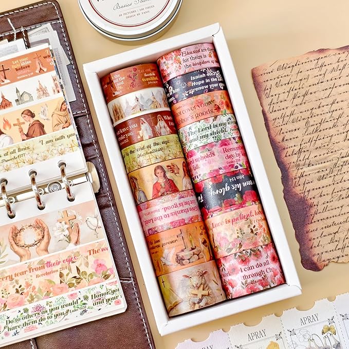 18 Rolls Vintage Washi Tape Set – Retro Floral & Bible Verse Designs for Scrapbooking, Journaling (Junk/Bullet/Bible) & DIY Crafts – Premium Archival-Grade Decorative Tape Gift for Crafters