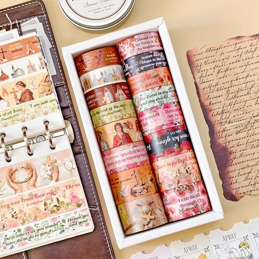 18 Rolls Vintage Washi Tape Set – Retro Floral & Bible Verse Designs for Scrapbooking, Journaling (Junk/Bullet/Bible) & DIY Crafts – Premium Archival-Grade Decorative Tape Gift for Crafters