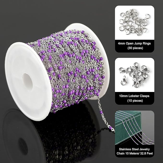 UMAOKANG 33ft Bead Chain for Jewelry Making Stainless Steel Cable Link Chain Spool Lavender Beaded Bracelet Chain with Open Jump Rings and Lobster Clasps