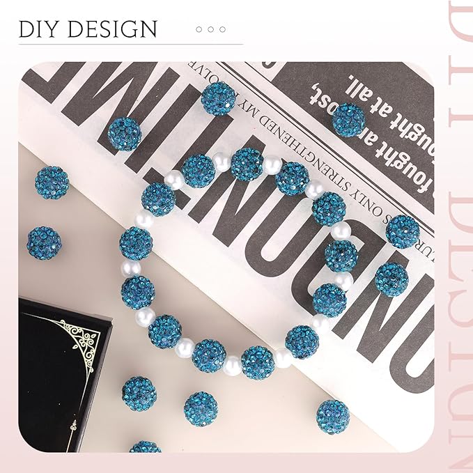 200pcs 10mm Blue Zircon Rhinestone Beads for Jewelry Making, Shiny Round Shamballa Disco Ball Beads, Sparkle Crystal Clay Christmas for Bracelet Baseball Necklace Earring Crafting and DIY