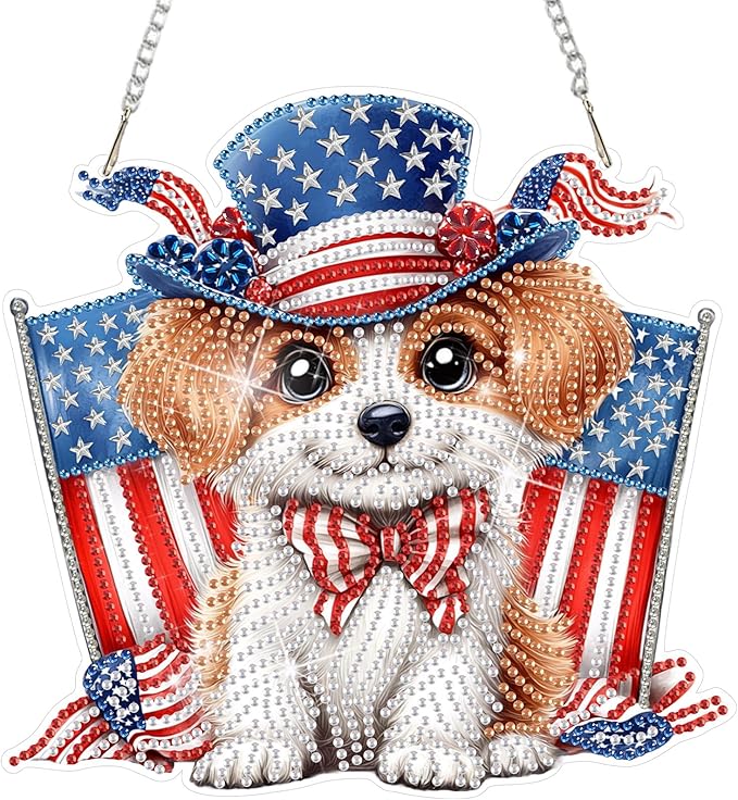 DOMROM 4TH of July Diamond Art Hanging Kit for Adult, Dog Diamond Art Hanging Kit, Patriotic DIY Diamond Art, Independence Day Diamond Hanging Pendant, Window Pendants Home Wall Hanging Ornament