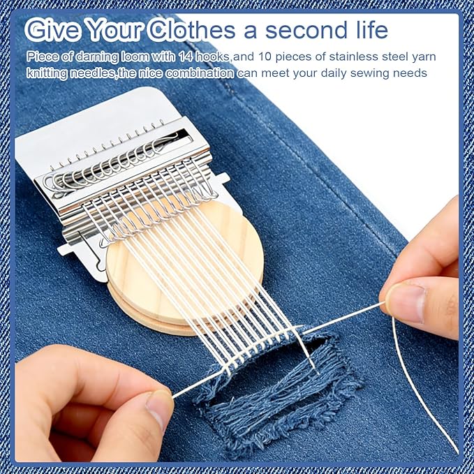 Mini Darning, Knit Patch Kit for Beginners, Wooden Weaving Tool with Stainless Steel Needles, Portable Darning Looms Kit for Quickly Mending eans Clothes Tapestries Carpets Scarves (14 Hooks)