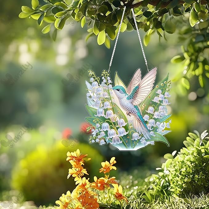 Yunzlly DIY Hanging Diamond Art Pendant Kit, Special Crystal Double Sided Diamonds Painting Ornament Kit for Adults, Acrylic Gem Painting Board for Window&Door&Wall (Hummingbird)
