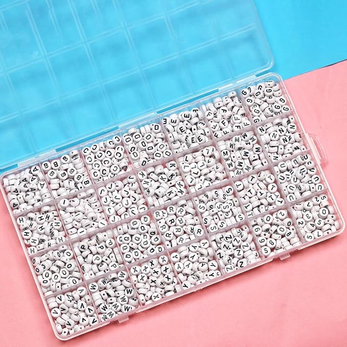 Melius 1450Pcs Acrylic Letter and Number Beads, 4x7mm Alphabetical Flat Round Alphabet Beads in 28 Grid Box for Bracelets, DIY Crafts